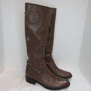 Hunter Brown Tall Leather Riding Boots Embroidered H Logo Lace Back